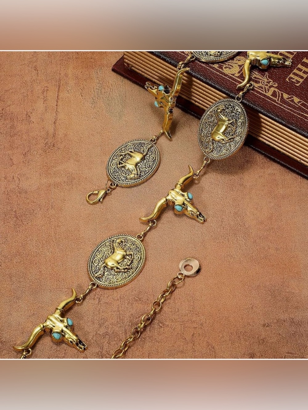 WHIPPY Western Concho Chain Belt Cowgirl Boho Turquoise Adjustable S/M Gold - Picture 2 of 7